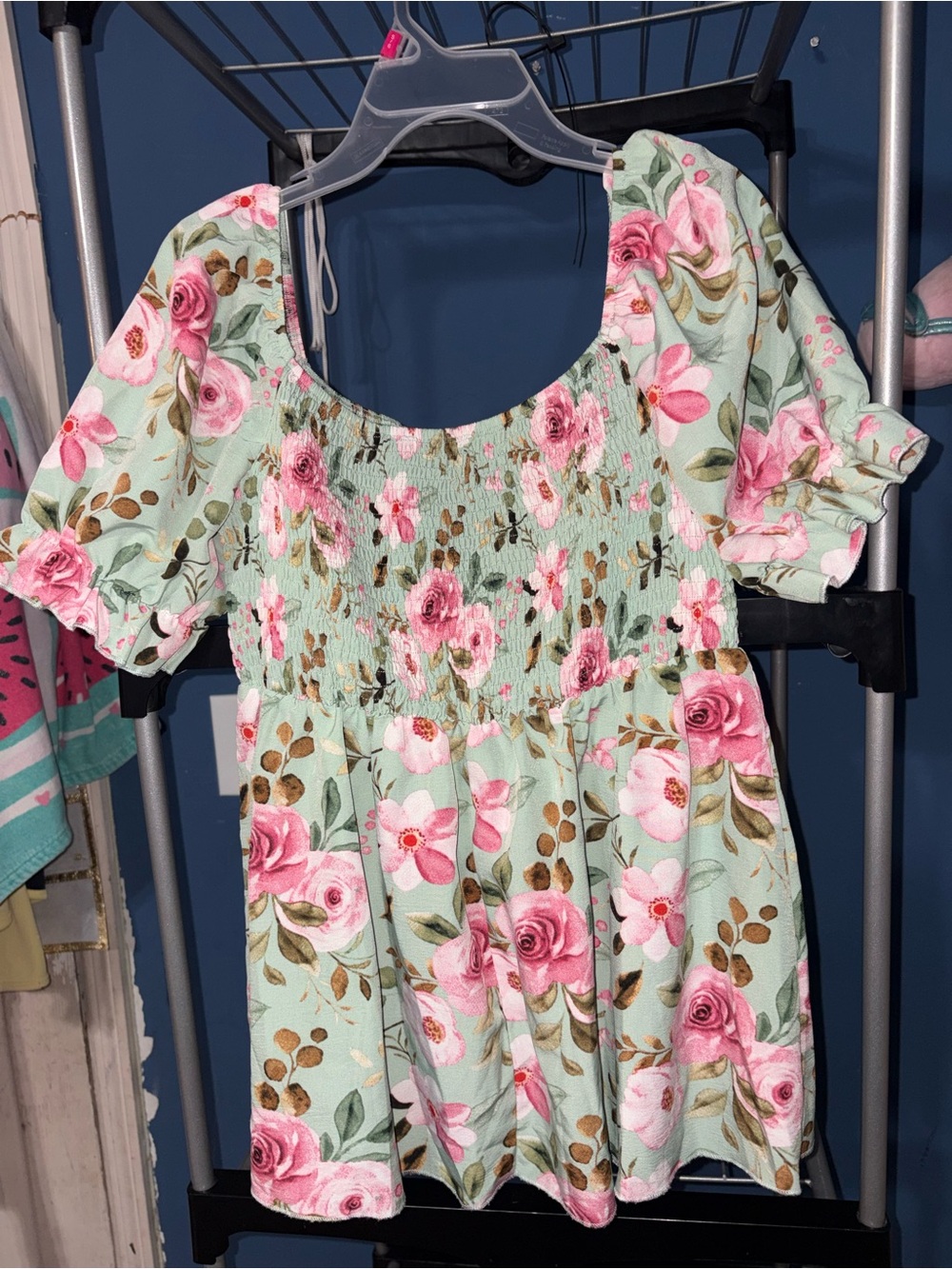 Floral Smocked Babydoll Blouse - Pink Floral on Mint